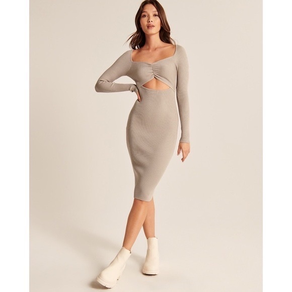 Abercombie cinched front cutout midi sweater dress - tan - Picture 2 of 7